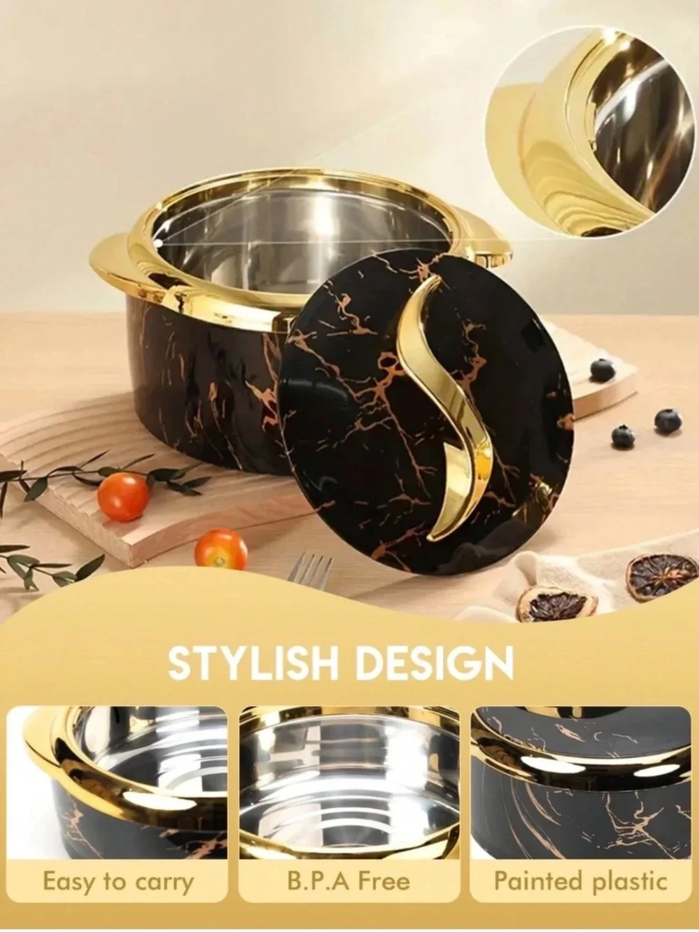 3Pcs Golden Touch Insulated Stainless-Steel Food Warmer